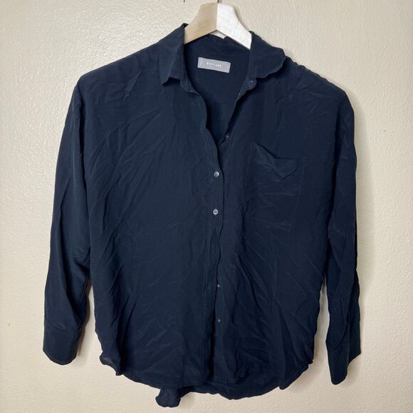 EVERLANE Shirt Women's 2 Black Button Up Collared Pocket Silk Lightweight Blouse - Picture 1 of 7